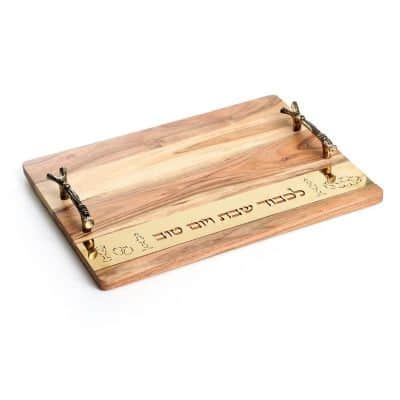 מגש חלה עץ בתוספת ידיות מוזהב 41*30